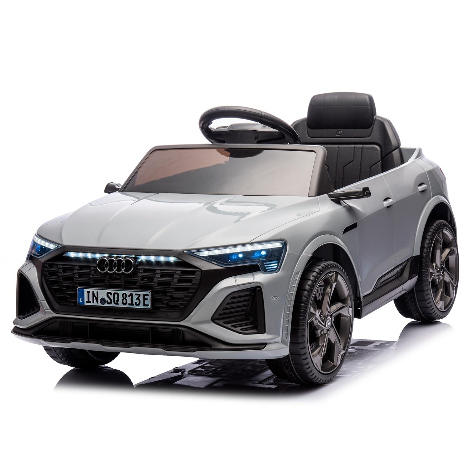 BRICOZONE Auto Elettrica per Bambini Audi SQ8 E-Tron 12V con Telecomando Parentale Soft Start Sedile in Pelle Ruote EVA Luci LED MP3 Porte Apribili Grigio