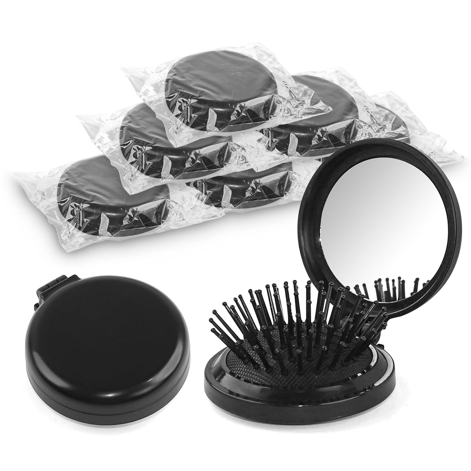 Foldable Travel Hair Brush with Mirror - 30 Pack Portable Round Pocket Comb, Compact Folding Design & Massage Bristles for Men Women (Pink)