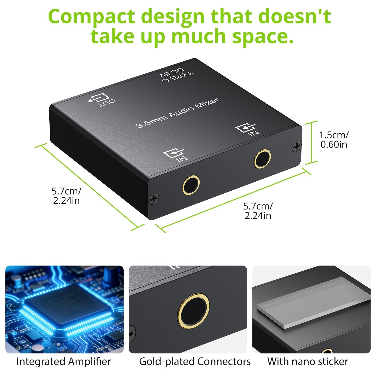 LiNKFOR Mixer Audio 3.5mm Stereo a 2 Canali con Alimentazione USB-C 3.5mm Audio Mixer Attivo con Ingressi Placcati Oro per PC, Console, Smartphone, Cuffie e Casse Amplificate – Include 2 Cavi