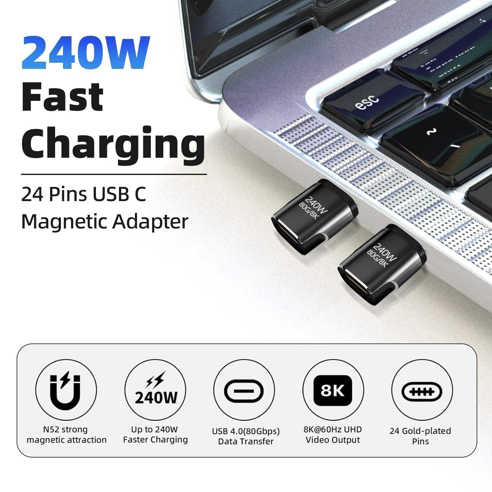 Adattatore Magnetico USB-C - 2 PACK Spinotto Magnetico Tipo C 240W 24 Pin con Velocità di Trasferimento 80 Gbps, Compatibile per iPhone 15/16/17 Pro/Max, iPad, MacBook, Galaxy S24 S23 - Nero