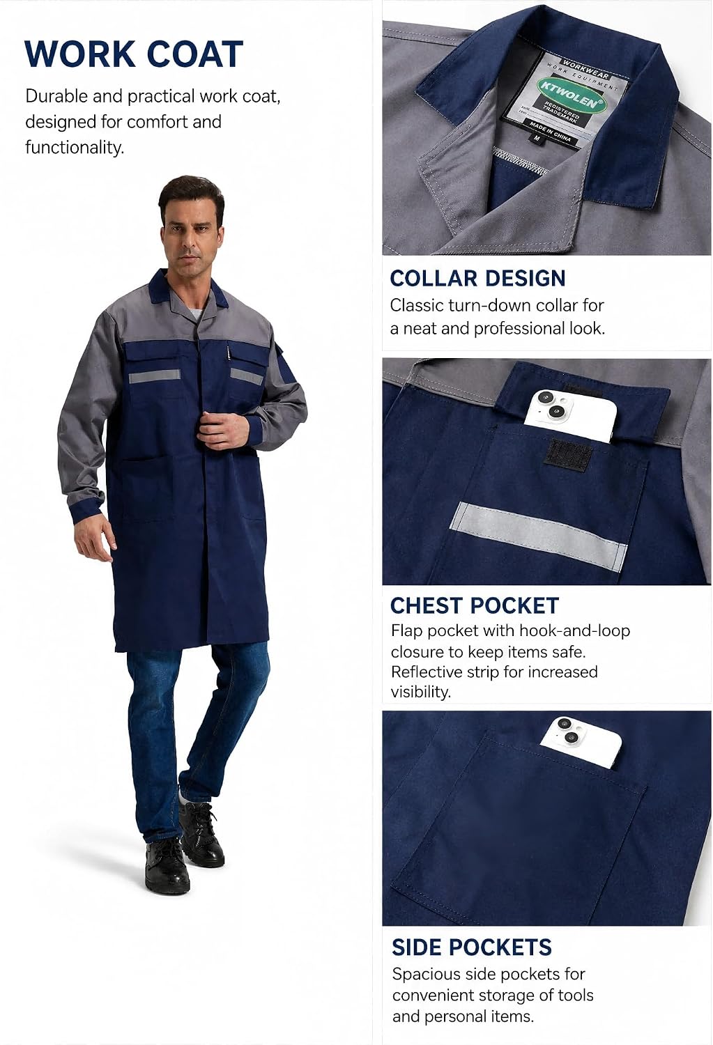 Lab Coat for Men Long Sleeve Work Smock Jacket DIY Mechanics Laboratory Coat