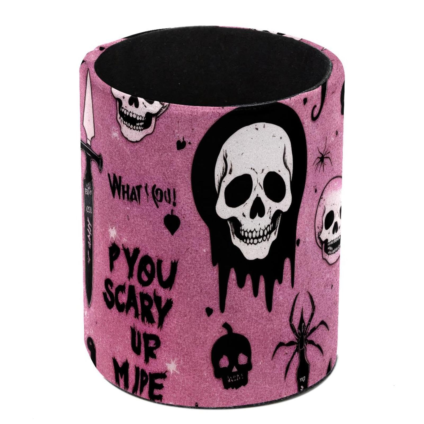 HEOEH Halloween Scarry Skull Spider Pen Holder for Desk, PU Leather Pencil Holder Pen Cup Marker Holder Makeup Brush Holders, Desk Accessories & Workspace Organizers for Home, Office
