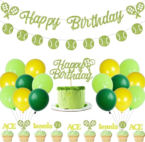 39 piezas de decoraciones de fiesta de cumpleaños de tenis verde para niños y niñas, suministros de fiesta de cumpleaños temática deportiva con