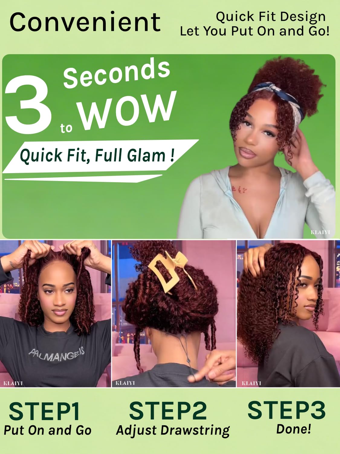 KLAIYI Bye Bye Slip™Reddish Brown Afro Kinky Curly Glueless Precut 13x4 Lace Front Wigs Human Hair Drawstring Pre Plucked Bleached Knots Pre Everything 3S Ready to Wear and Go Beginner Wig 180% 16Inch