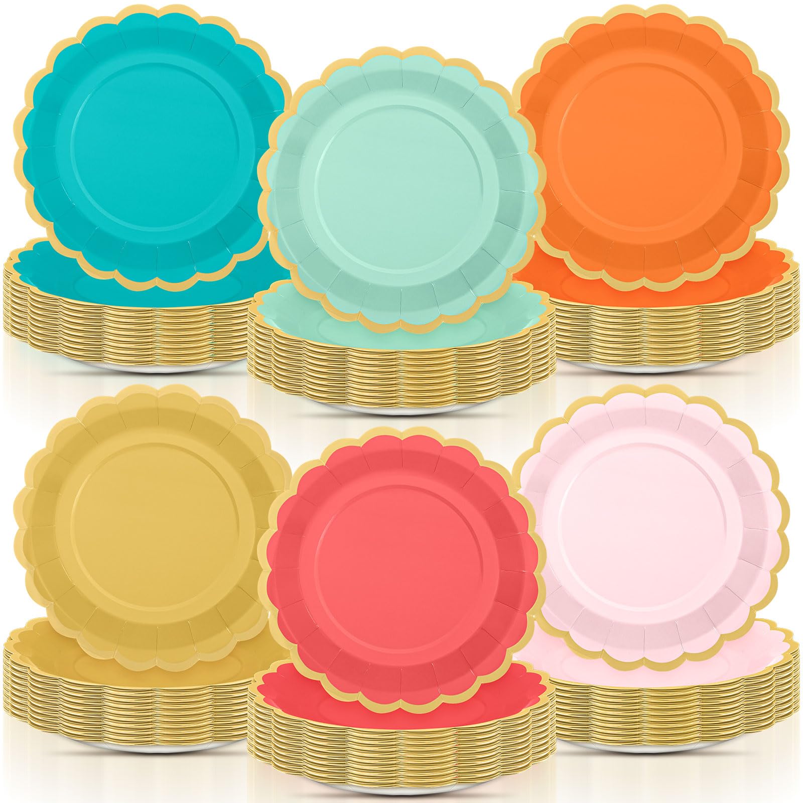 96 Pcs Colorful Coral Paper Plates 9 Inch Pastel Rainbow Scalloped Paper Plates Disposable Dinner Dessert for Birthday Wedding Bridal Party Supplies, 6 Colors