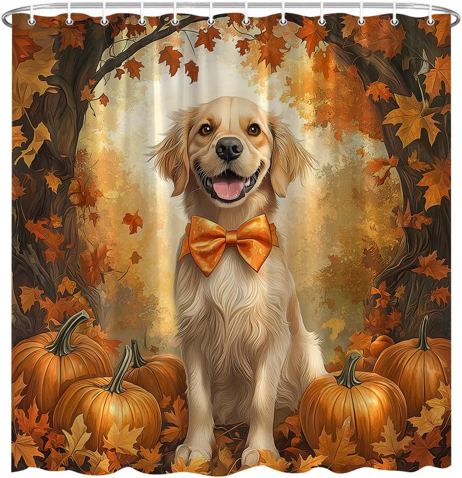 Fall Dog Shower Curtain Rustic Maple Forest Pumpkin Fallen Leaf Country Autumn Natural Landscape Cute Animal Polyester Fabric Bathroom Decor 108×70 Inch with Hook
