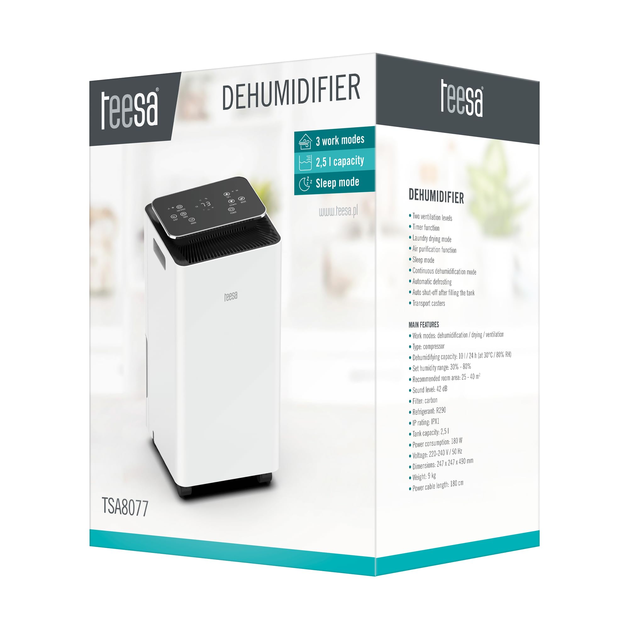 Teesa Duży Osuszacz Powietrza Pochłaniacz Wilgoci Oczyszczacz 2500ml 180W TSA8077