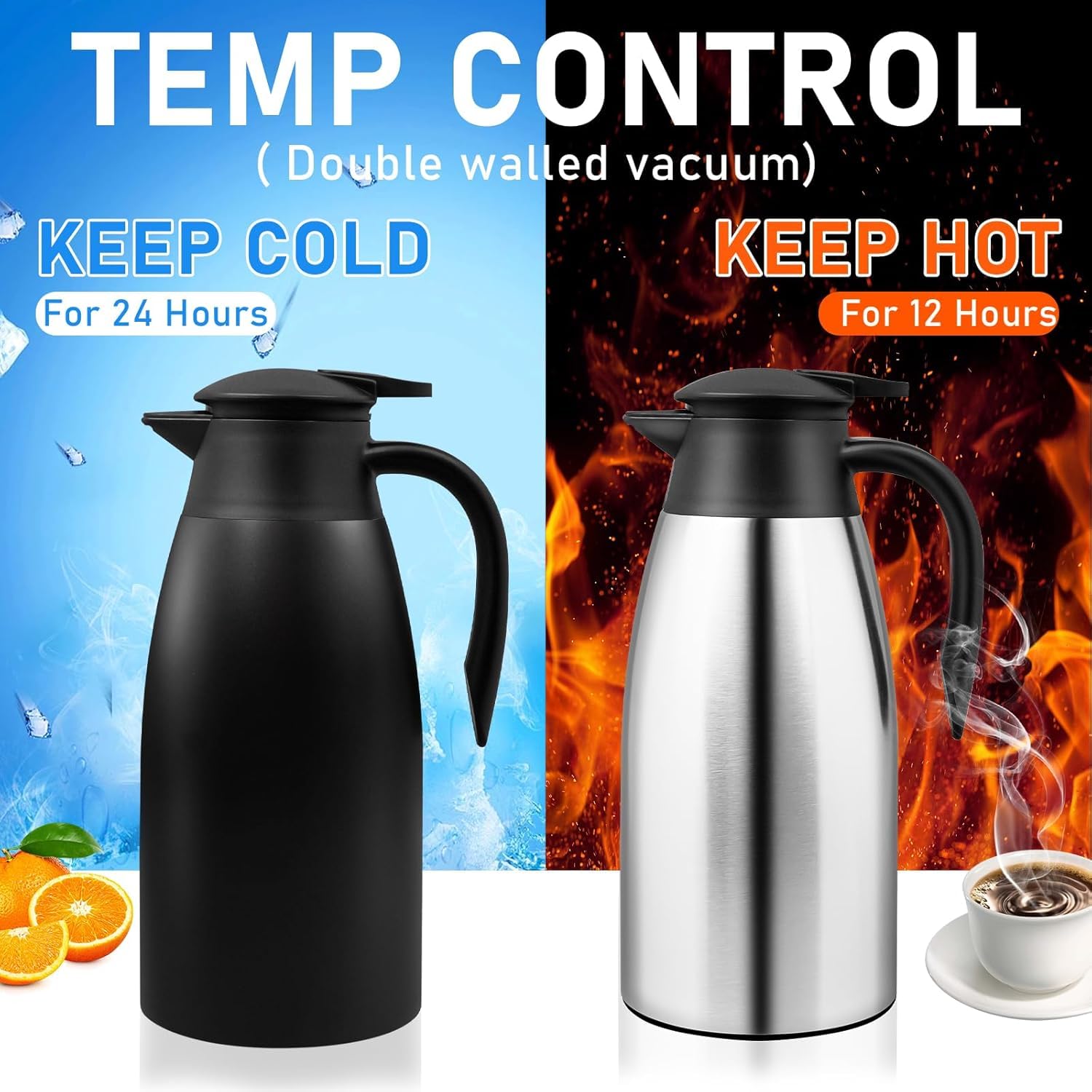 2 jarras térmicas de 2 litros, jarra térmica de acero inoxidable 304 aislada, 24 horas de aislamiento térmico, para café, té, agua, bebidas, termo (plata, negro)