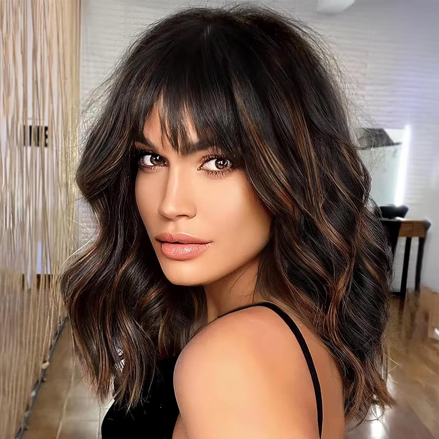 MOSINA Curly Wavy wig with Bangs for Women,14 inches Black Mixed with Dark Brown Short Bob Wigs for Black Women,Heat Resistant Fiber Wig for Suitable for work, parties and other occasions Use 14 Inch Black mixed with dark brown