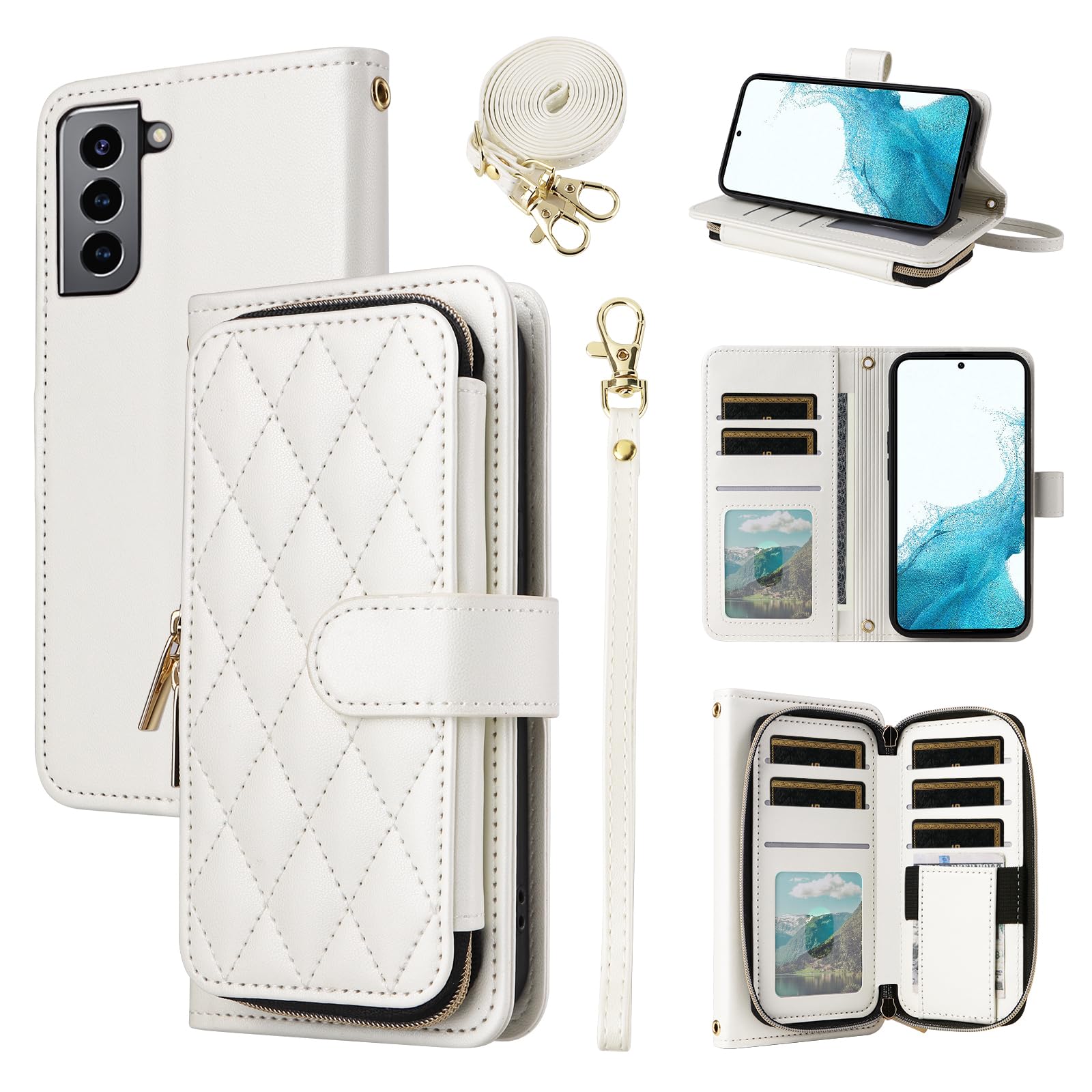 Furiet Wallet Case for Samsung Galaxy S21 FE 5G with Wrist Strap, 9+ Card Slots Zipper Purse, Luxury PU Leather Stand Full Body Phone Cover for S 21