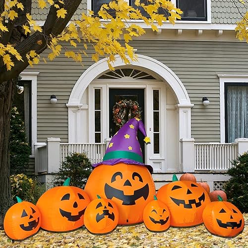 Miniatura 6 de Poptrend Decoraciones inflables de Halloween, 8.2 pies inflables 7 calabazas con sombreros de bruja al aire libre, Halloween, decoración de patio,