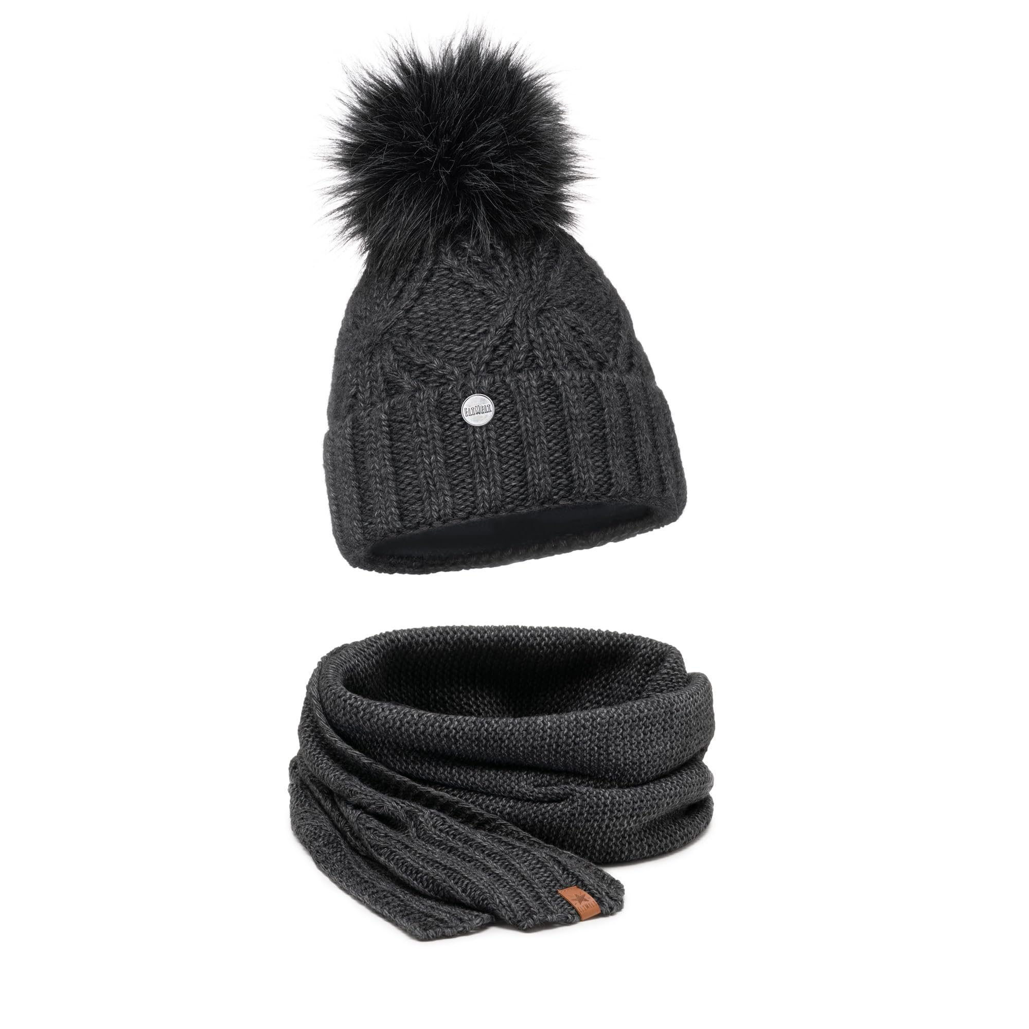 ELIMELI 19531 Bonnet d'hiver chaud en tricot avec pompon pour femme pour l'hiver Fabriqué dans l'UE Couleurs au choix, Gris foncé - Ensemble avec écharpe, taille unique