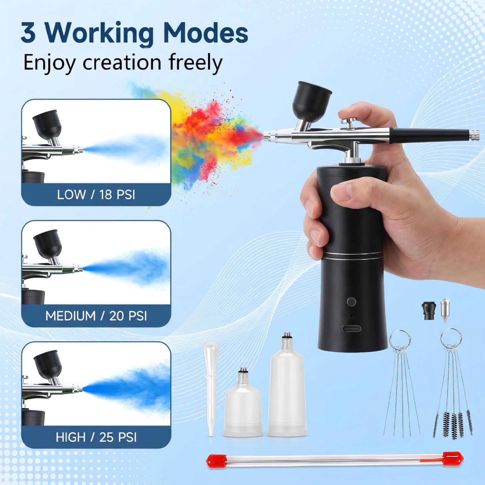 Kit Aerógrafo Inalámbrico, Batería 900mAh, Compresor 3 Niveles 18-25PSI, Boquilla 0.3mm, 3 Depósitos Intercambiables, Fácil de Limpiar, Preciso para Detalles Uñas Maquillaje Modelismo Tartas