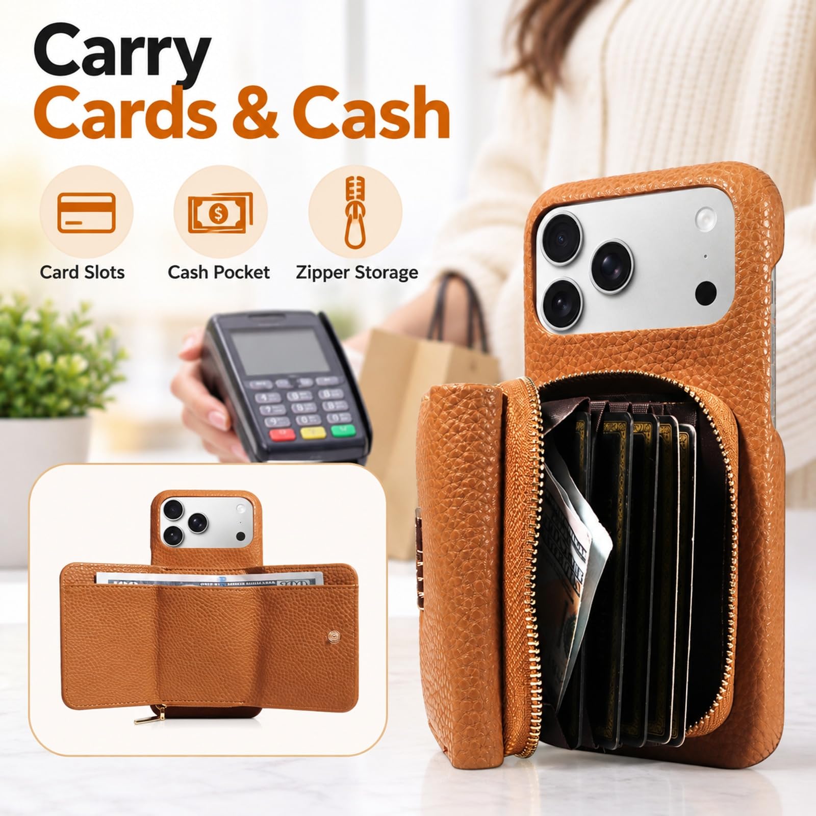 Coque Portefeuille pour iPhone 16 Pro Max, Porte-Cartes Zippé - Crème