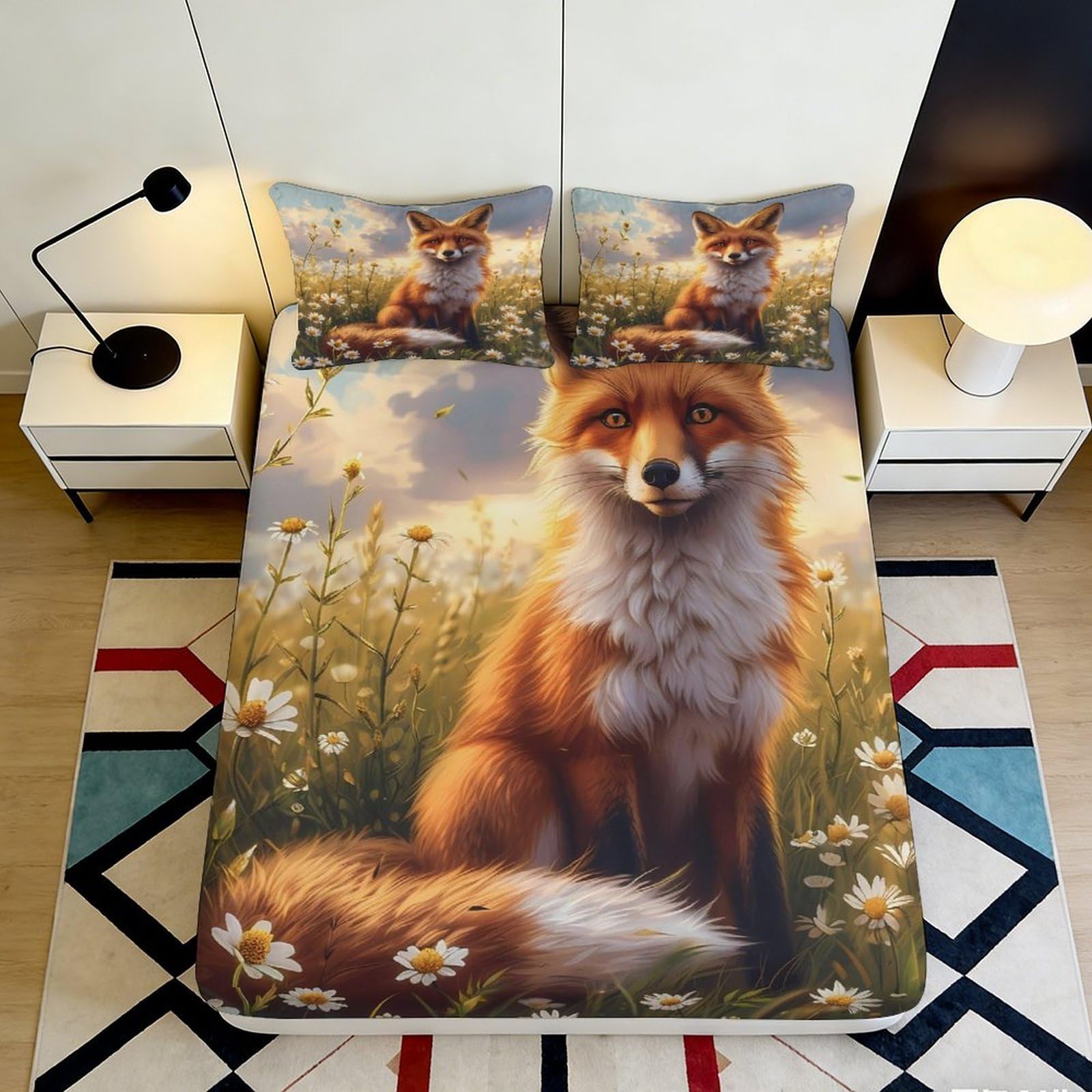 Uynsixtme Style-3 3D Printed Fox Design Microfiber Fitted Sheet Deep Pocket Non-Slip Bedroom Bedding Fox Mattress Fitted Cover For Adults Washable Full Wrap 90X200x25cm