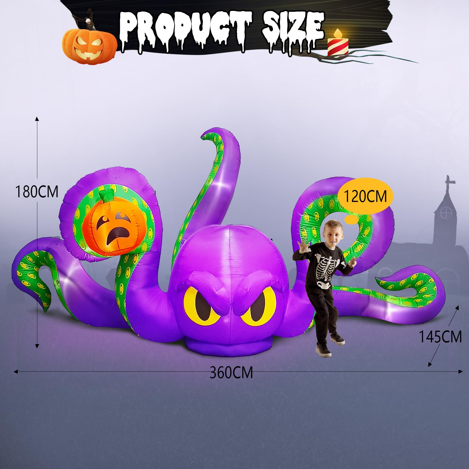 360CM Polpo Gonfiabile Halloween, con 7 luci LED integrate, polpo Gonfiabile per Gonfiabile Halloween Esterno