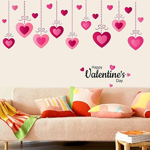 Miniatura 5 de Calcomanías de pared rosa para el día de San Valentín, calcomanías colgantes de corazón para despegar y pegar, decoración romántica de pared para