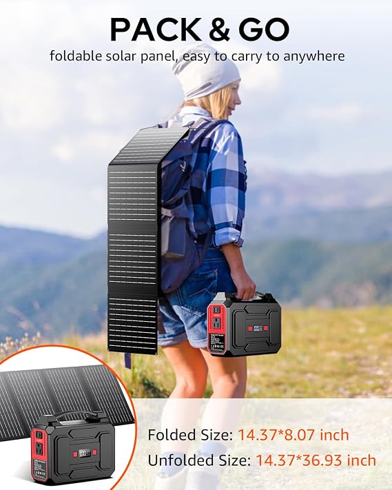 Solar Powered Generator, 100W Portable Power Station with Solar Panels 40W | 146Wh Solar Power Bank with AC Outlet,USB A,USB C, DC Output, Small Solar Generator for Home Use Outdoor Camping RV Van Trip