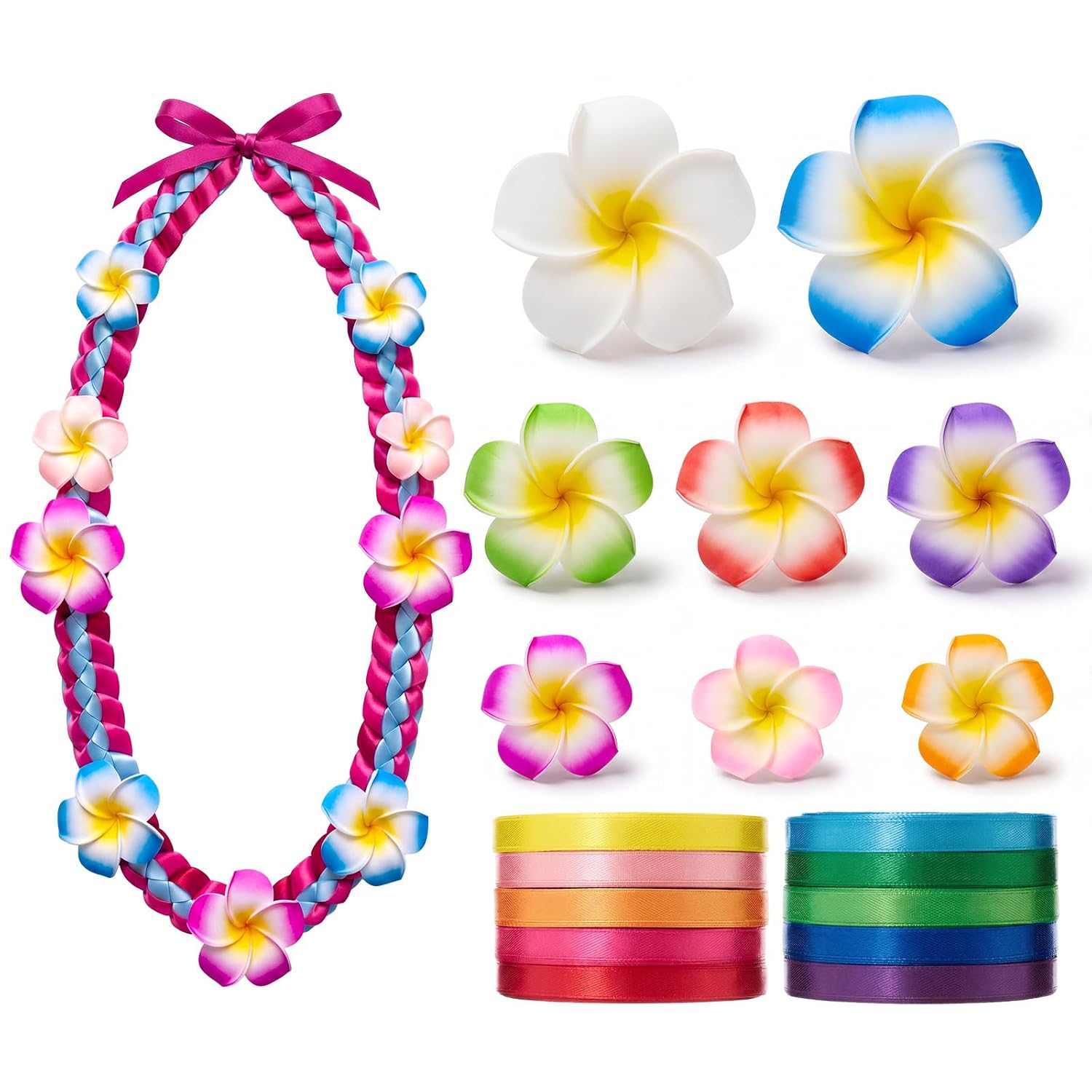 Suncalla 130 Pcs DIY Hawaiian Lei Making Kit Ribbon Mexican Braided Lei Craft Making Kit, 10 Rolls 74.8 Feet Ribbons and 120 Plumeria Flower for Congrats Party Gift Crafts