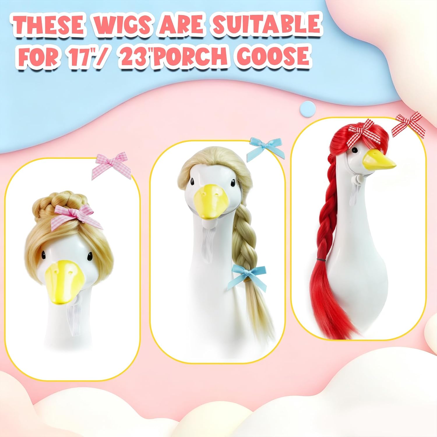 3 PCS Porch Goose Outfits & Wigs with Hair Clips for Outdoor Goose Decoration, Suitable for 23" and 17'' Lawn Goose Statue image 2