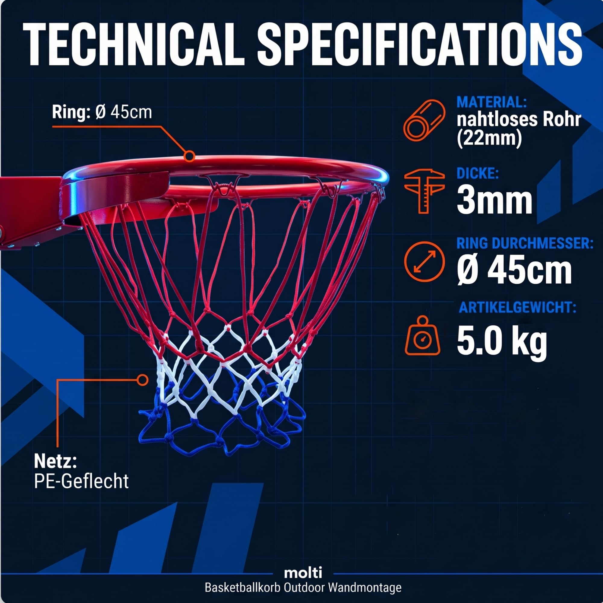 Canasta de baloncesto exterior montaje pared 45 cm anillo con red mecanismo basculante muelles certificados