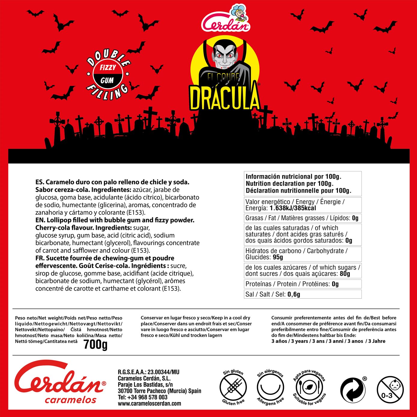 Caramelos Cerdán - Chupas Conde Drácula Cereza y Cola Doble Relleno Gigante de Pica Pica y Chicle | 35 Unidades, Triple Sensación, Sin Gluten ni Alérgenos | Ideal para Halloween, Fiestas y Cumpleaños