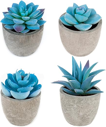 LUZOGA Set of 4 Blue Fake Succulents Potted, Mini Succulents Plants Indoor, Blue Decor Small fakeplants for Shelves Home Office Table Bathroom Bedroom Kitchen Desk Decor Shelf Decor