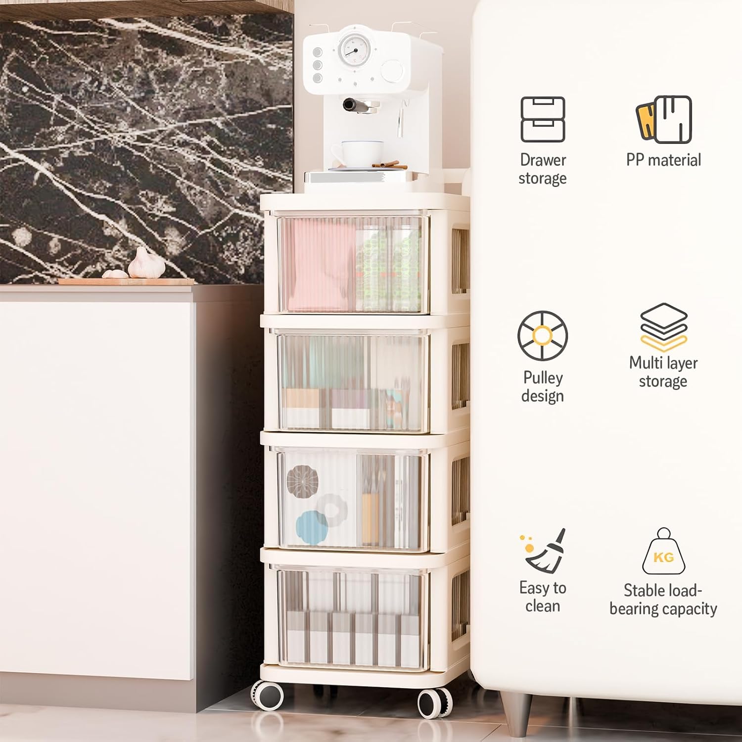 Plastic Drawer Storage Organizer 4 Drawer Plastic Storage Cart, Plastic Rolling Cart with Visible Drawers, Kitchen Pantry Storage Cabinet with Casters For Kitchen Cabinets Home Organization White 4-L
