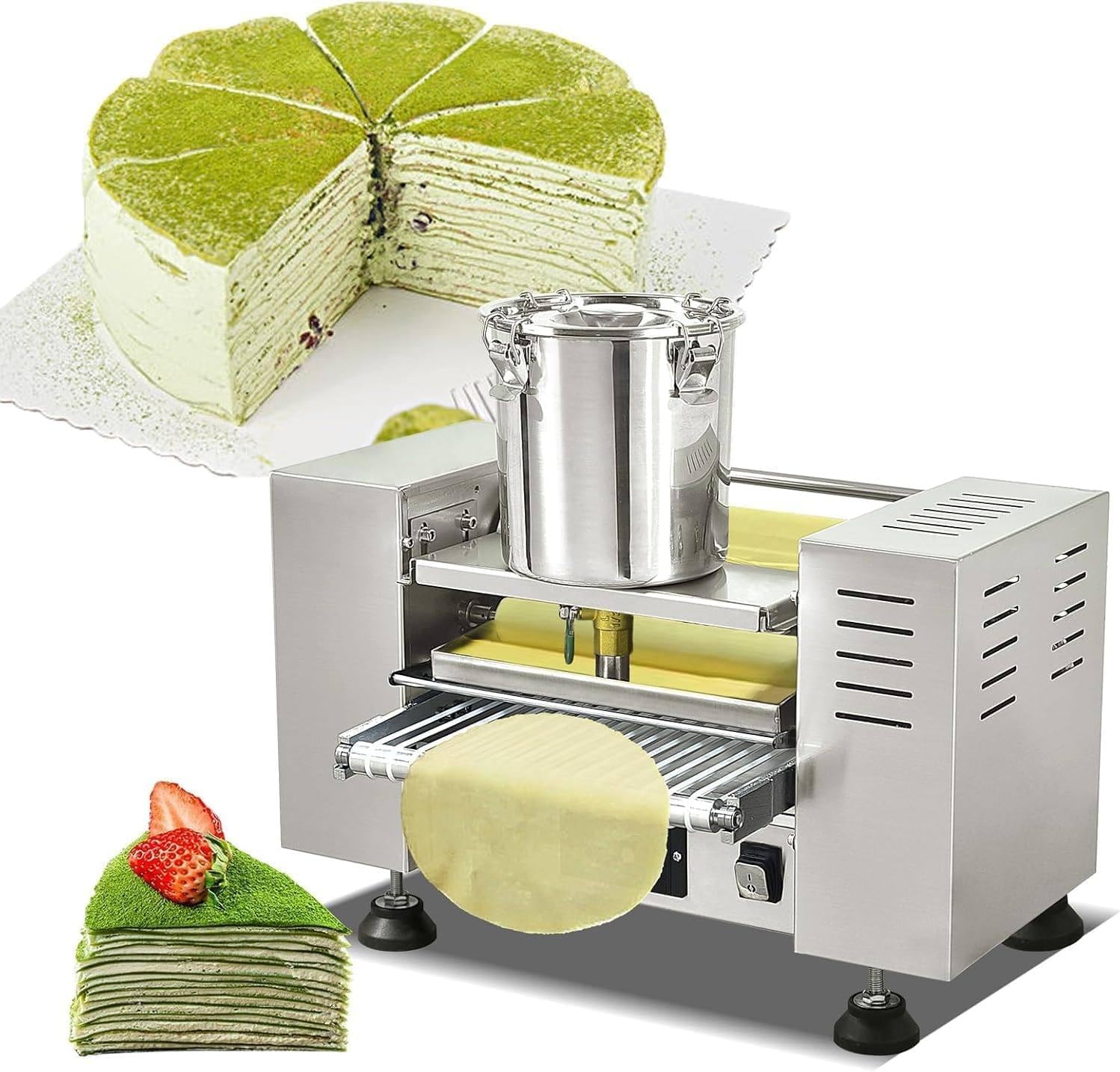 Commercial Automatic Crepe Maker, 2200W for Mille Crepe Cake & Egg Skin, Adjustable Speed & Temperature (0-200°C), 6 Inch / 8 Inch Non-Stick Plate Included 6in