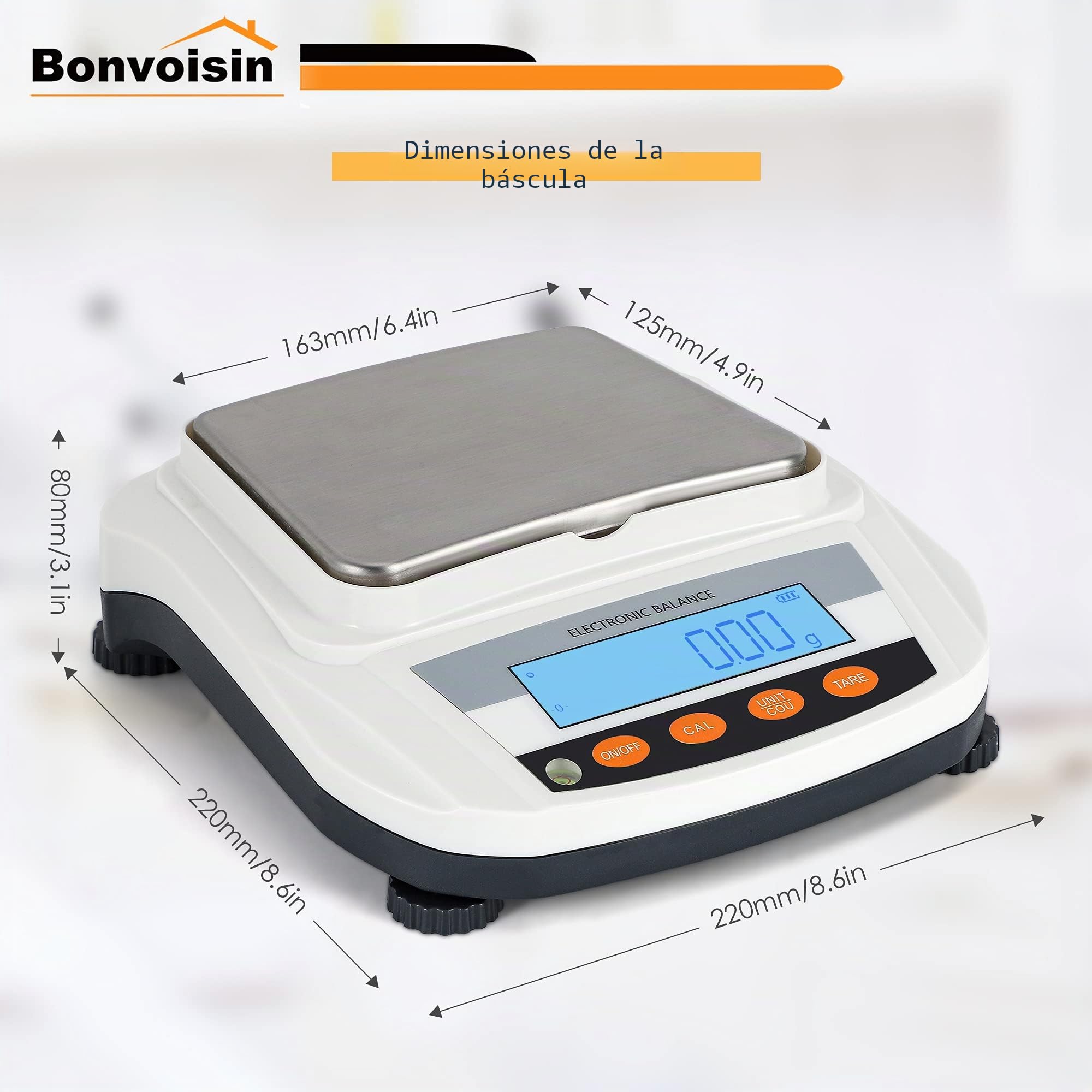 Bonvoisin Báscula Analítica de Laboratorio 3000g x 0.01g, Balanza Alta Precisión con 17 Unidades, Conteo & Auto-Calibración, Plato Acero Inox y Batería 32H, para Lab, Joyería, Uso Industrial