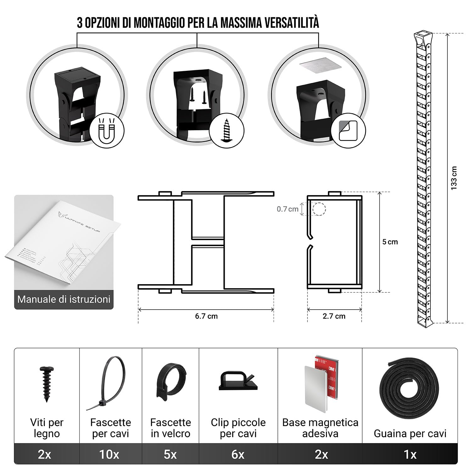 Flessibile canalina passacavi scrivania - Cable management - Organizer cavi - Porta cavi scrivania – Raccogli cavi scrivania (Nero)