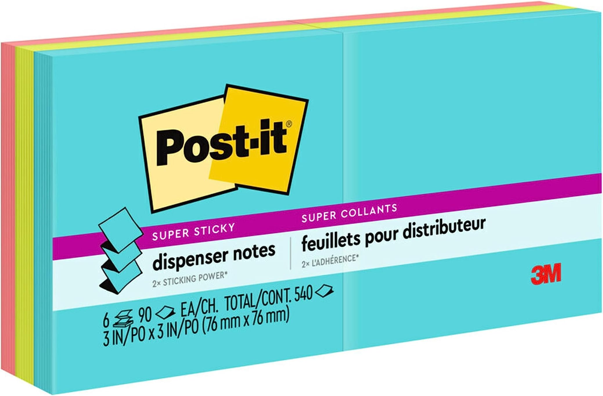 Pop-up Super Sticky Notes 3 x 3 in (76 x 76 mm) Miami Assorted colors R330, 6 pads/pack | Z-Notes | To use with dispenser | Extra Sticky Notes | Clean Removal | Recyclable | 90 sheets/pad