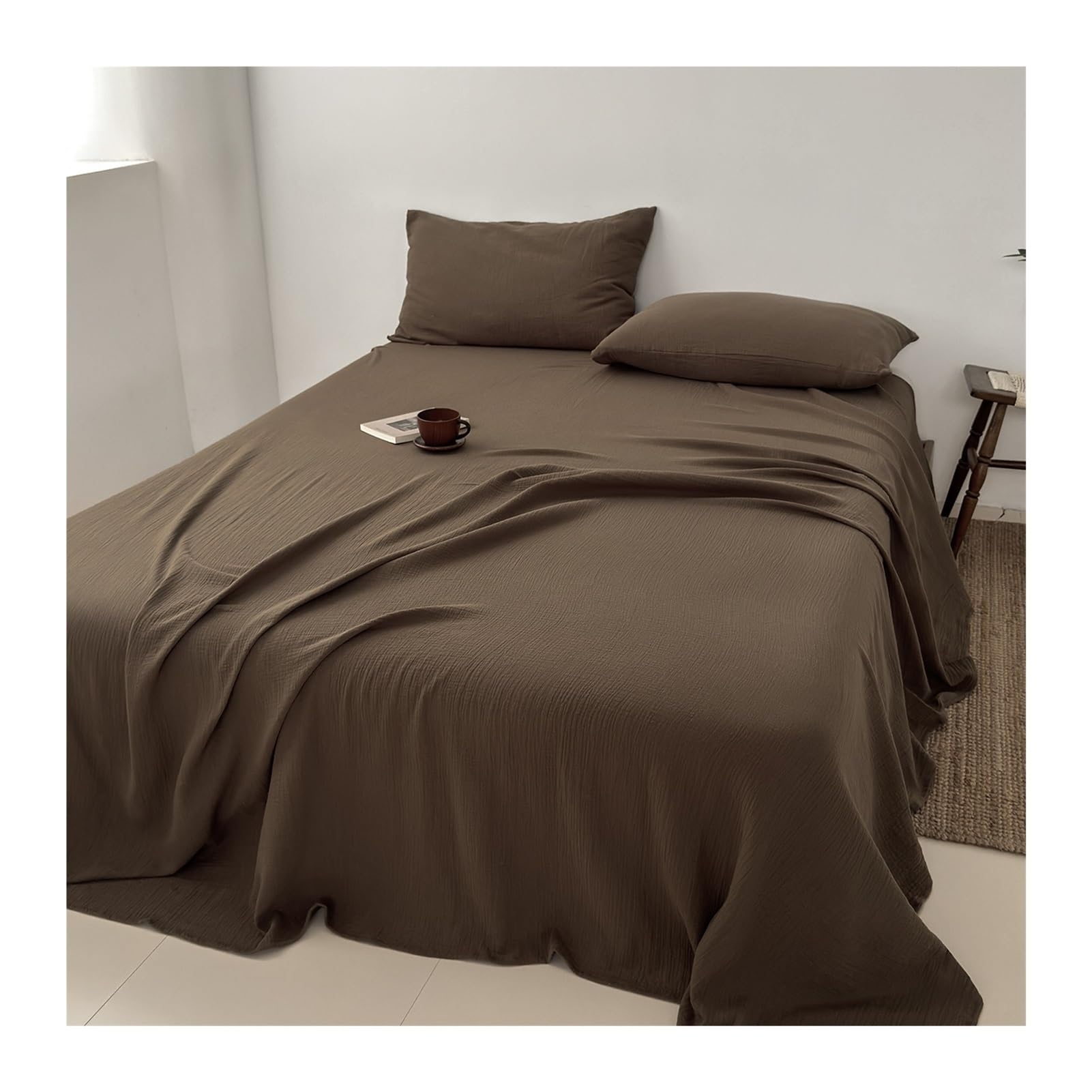 Bettlaken 160x230cm bis 240x270cm Flache Laken aus 100 % Baumwolle Doppellagige Falten-Gaze ohne Gummi Bed Sheets Betttuch ohne Gummi(Brown A,240x250cm+48x74cm x2)