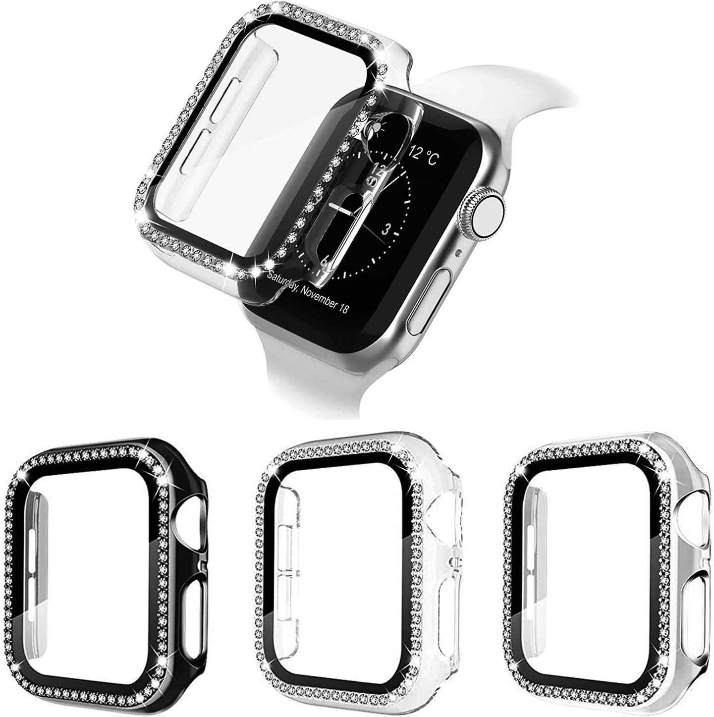 adepoy 3 Pack Case for Apple Watch 42mm Series 3/2/1 with Screen Protector, Bling Diamond Protective Case Full Coverage Scratch-Resist Bumper Cover for iWatch Women Girl