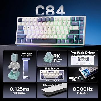 RK ROYAL KLUDGE C84 HE Rapid Trigger Gaming Keyboard, 75% TKL Wired RGB Mechanical Keyboard, Hall Effect Magnetic Switch Keyboard w/Actuation Point Adjustable, 8K Hz Polling Rate, for FPS Gamer