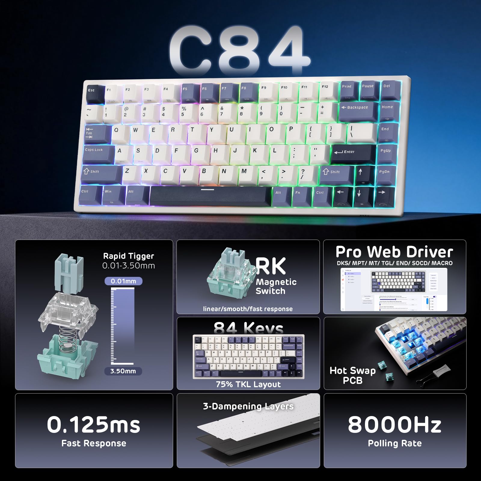 RK ROYAL KLUDGE C84 HE Klawiatura do gier Rapid Trigger, 75% TKL 84 klawisze, przewodowa klawiatura mechaniczna Hot Swap RGB, efekt Halla przełącznik magnetyczny z regulowanym punktem aktywacji