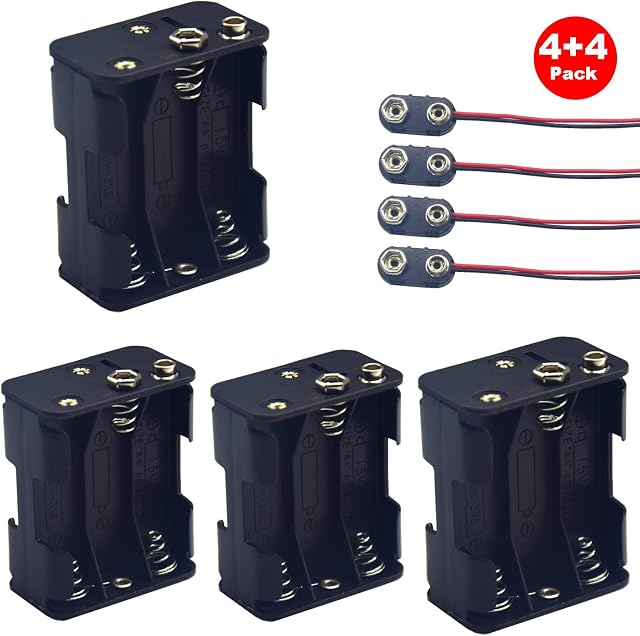 Yosawo 4-Pieces 6 x 1.5V(9V) AA Battery Holder Case,Black Plastic DIY Battery Storage Box with Standard Snap Connector (AAK6)