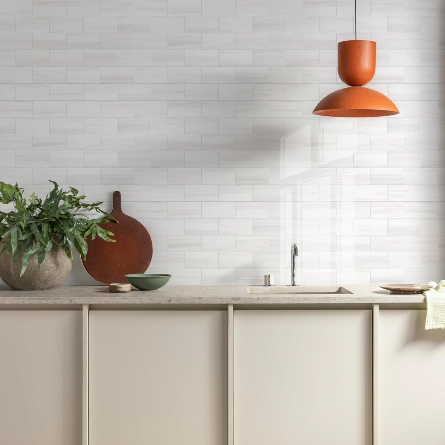 vamos tile 4-piece glossy dolomite white peel and stick backsplash tile,3''x6'' pvc subway tile with white grout, stick on backsplash for kitchen/bathroom/fireplace 4 dolomite white