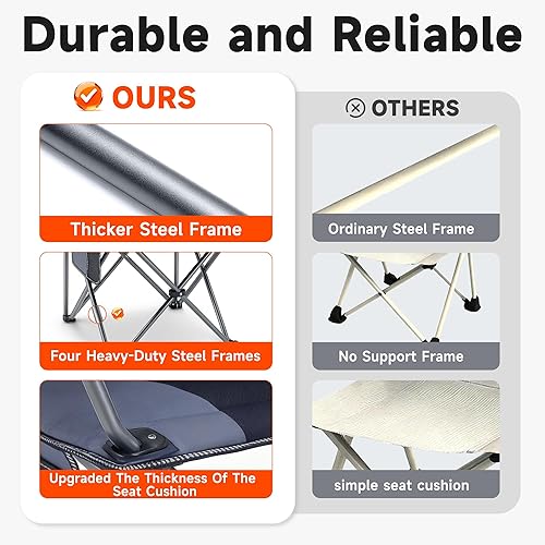 Miniatura 5 de Onini Silla de camping plegable de gran tamaño resistente acolchada para exteriores con taza, almacenamiento de soporte para playa, pesca, viajes,