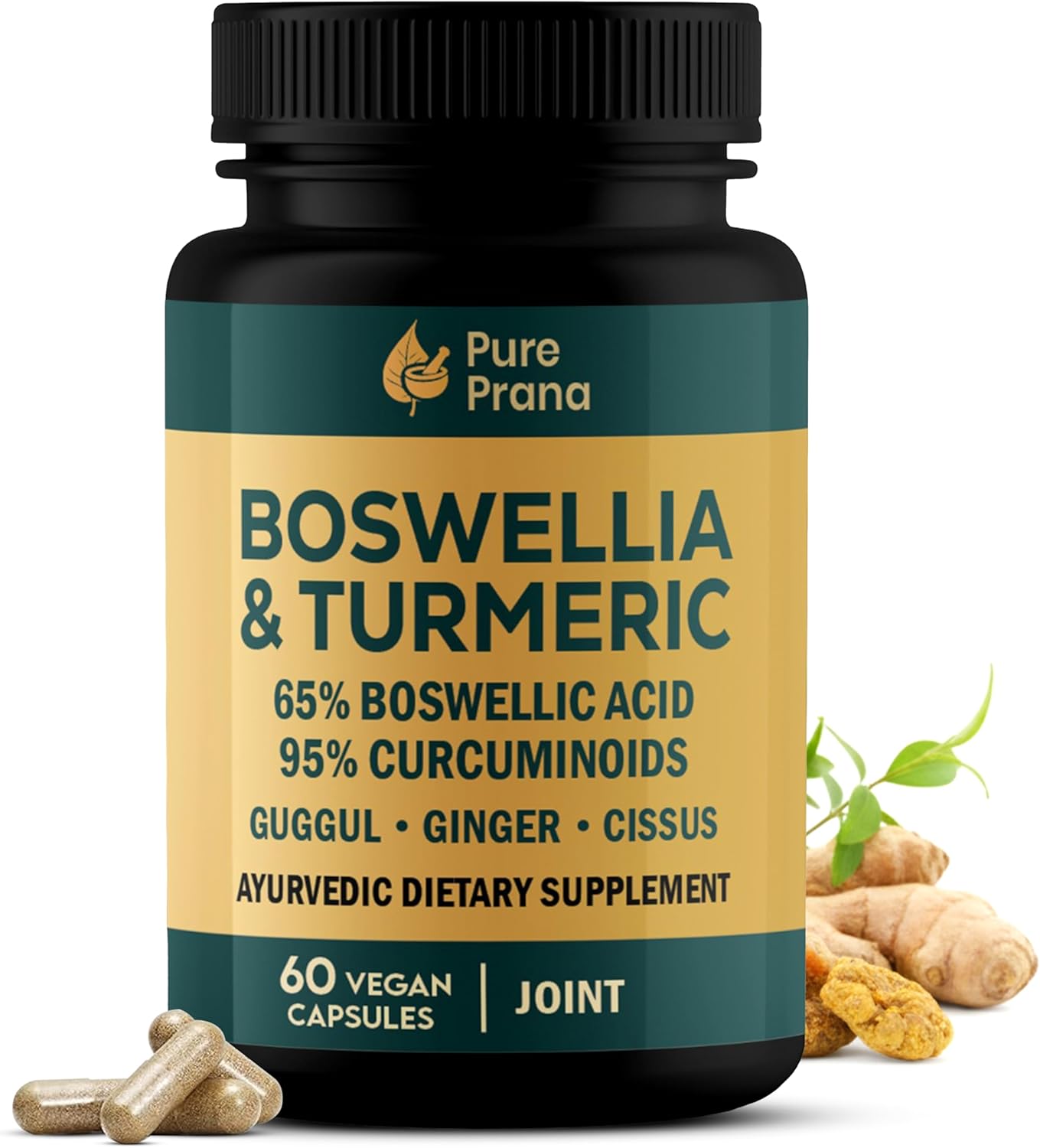 Pure Prana Boswellia Serrata & Turmeric Curcumin Supplement with Guggul, Ginger & Cissus – Supports Joint Comfort & Mobility – 95% Curcuminoids – Vegan, Non-GMO – 60 Capsules