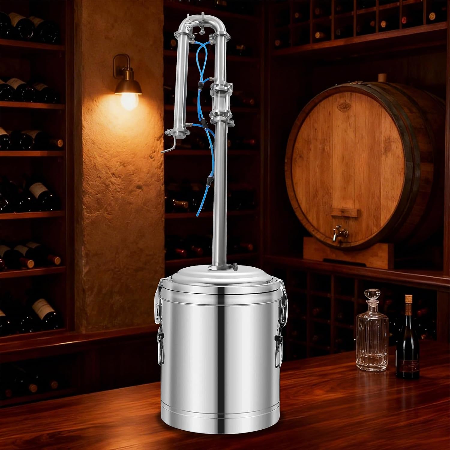 Tubular Distillation Tower 2" Stainless Steel Copper Moonshine Still Kit with Sight Glass Copper Mesh and Thermometer, Copper Reflux Column Brewing Equipment for 50-100L Fermenter Silver
