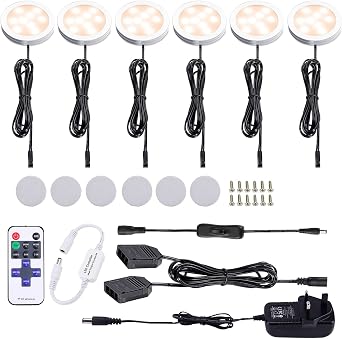 AIBOO Under Cabinet Kitchen Lights LED Wired 6 Pack with Remote,Dimmable Warm White Puck Lights Mains Hardwired and Pulg in Under Cupboard Lighting for Closet,Counter,Cupboard,Shelf [Energy Class E]