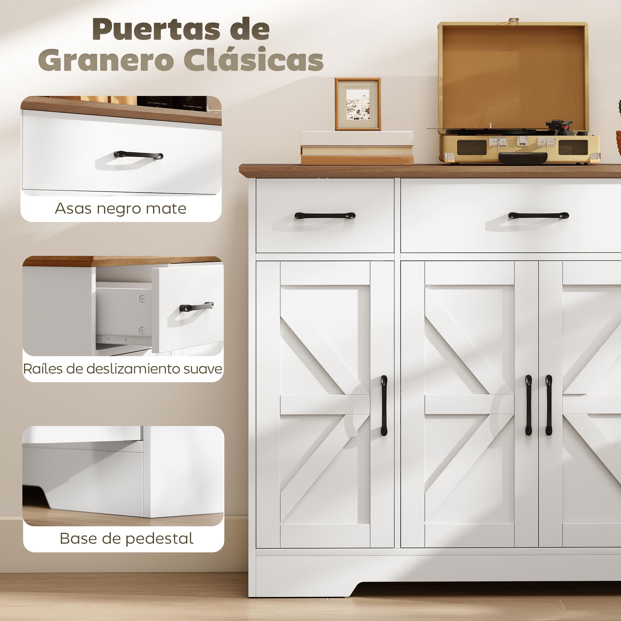 HOMCOM Aparador de Cocina Rústico, Armario de Cocina con 4 Estantes de Puerta, 3 Cajones, Estantes Ajustables, Puerta con Cierre Suave, Mueble de TV para 48-55 Pulgadas, 120x38x87 cm, Blanco y Nogal