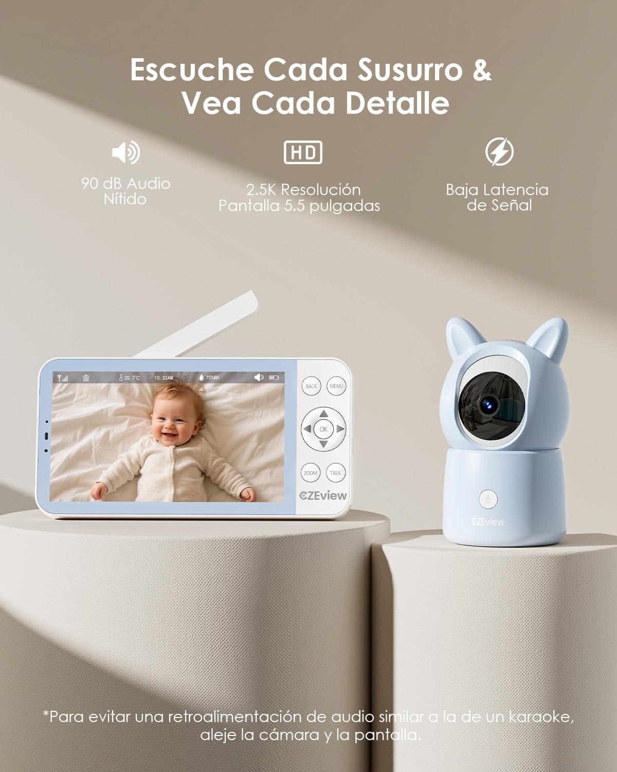 CZEview 2.5K 4MP Camara Vigilancia Bebe con App Movil, 5.5" IPS Gran Pantalla, 360°, Monitorización & Alertas en Tiempo Real, Visión Nocturna (Azul con 2 Cámaras)