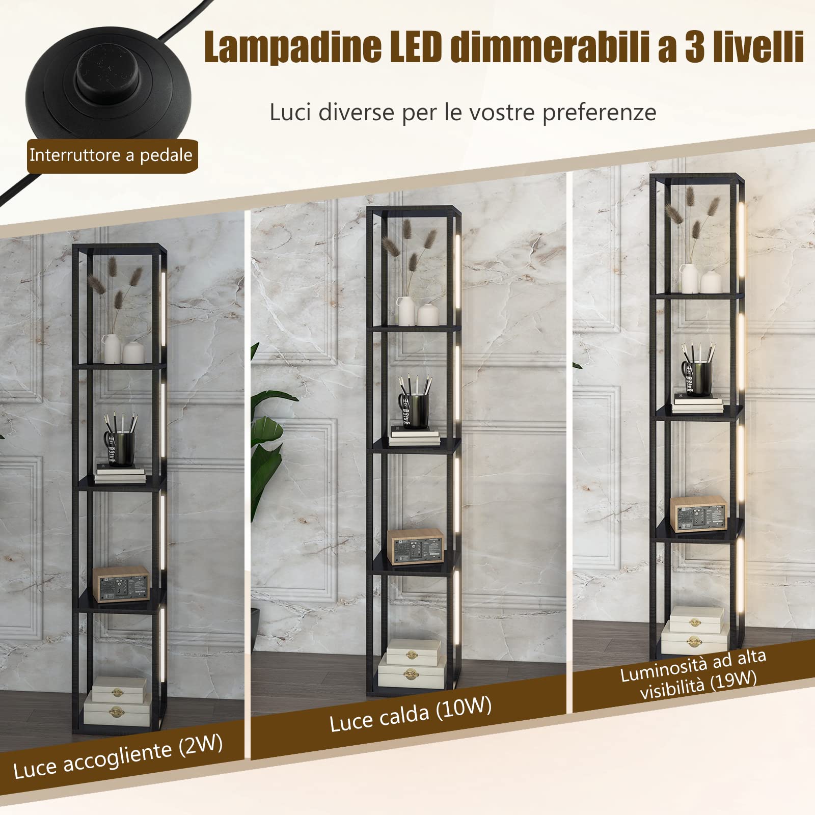 Lampada Da Terra Moderna Con Mensola, Dimmer Touch E 2 Porte USB - Stretta, 3 Livelli Di Luce, Per Soggiorno E Camera
