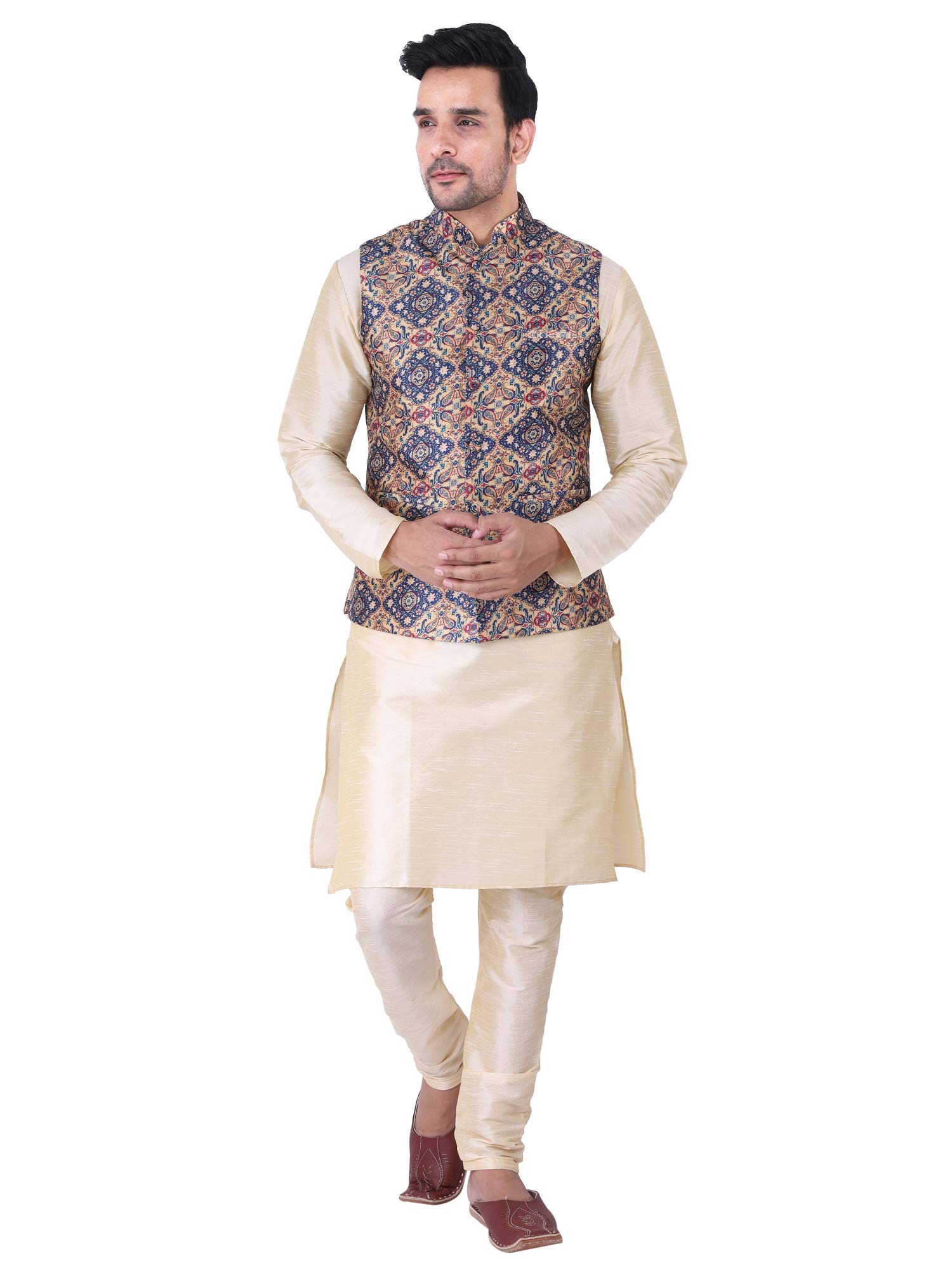Men's Silk Kurta Pyjama/Pajama with Red Single Print Red/Chiku Base Nehru Jacket Set-image-49
