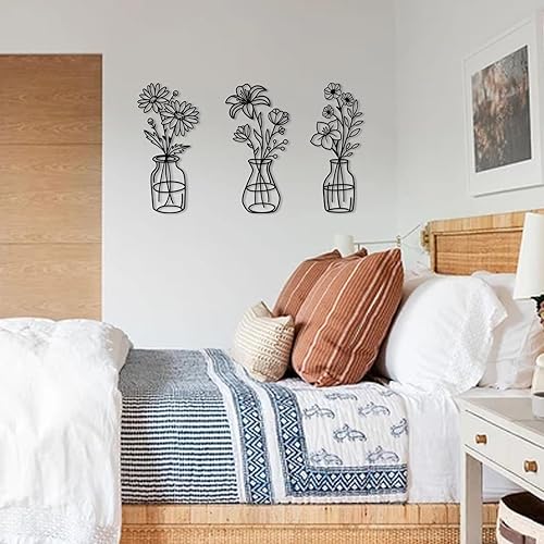 Miniatura 6 de OYEFLY 3 piezas de arte de pared de flores de metal, arte de pared de jarrón de metal negro, decoración rústica de granja (negro)