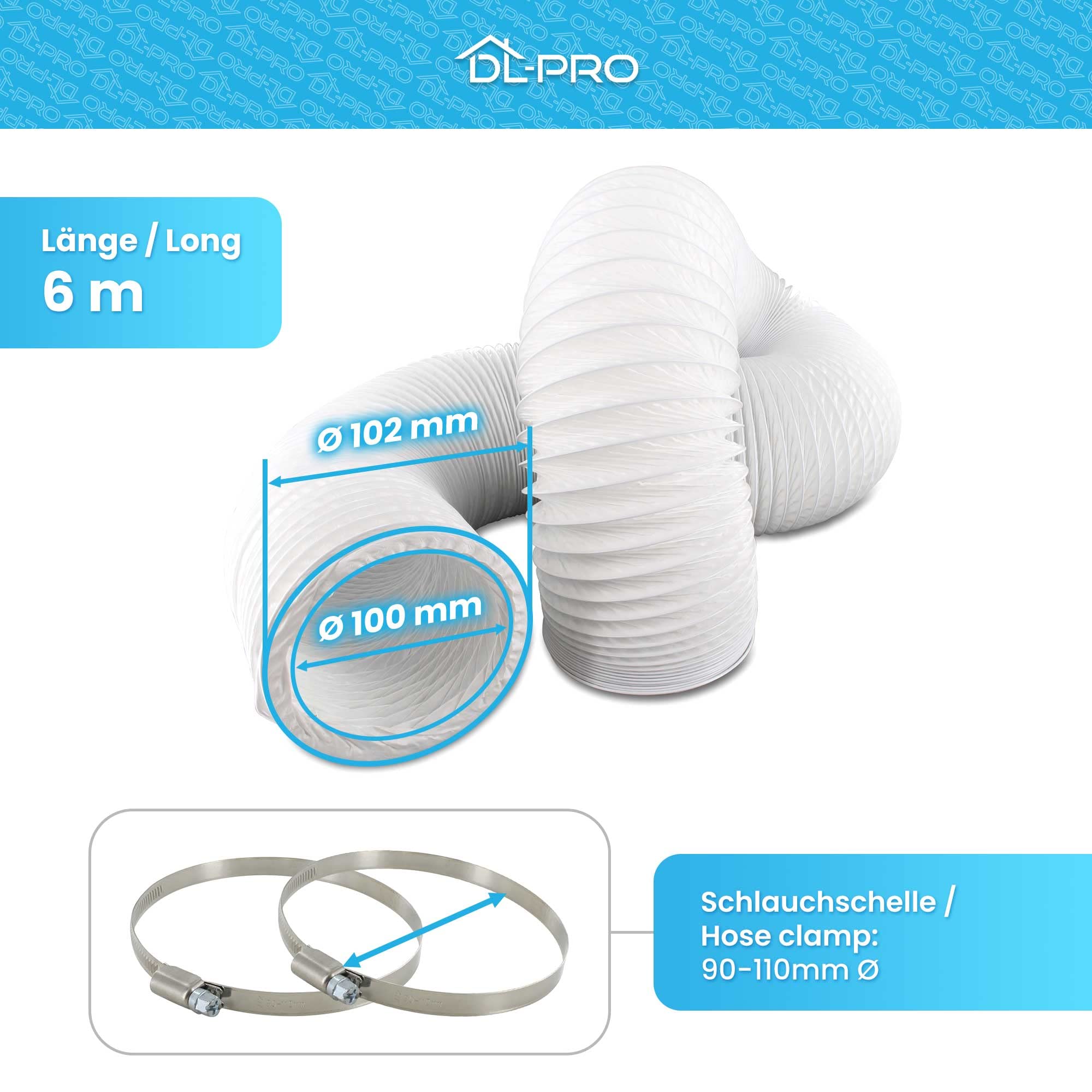 DL-pro 6m Tubo flexible de salida de aire Ø 100 / 102mm para aire acondicionado,secadora de ropa y campana extractora de cocina acompañado con dos abrazaderas de acero