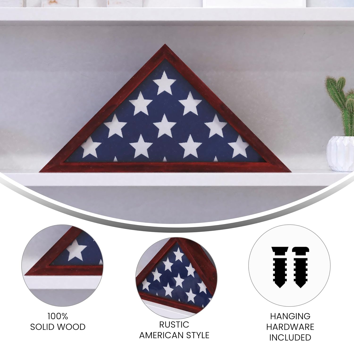 EMMA + OLIVER Norton Wooden Burial Flag Display Case - Rustic Brown Finish - Thick Protective Glass Front - Free Standing or Wall Mount Design - for 9.5'x5' Flags