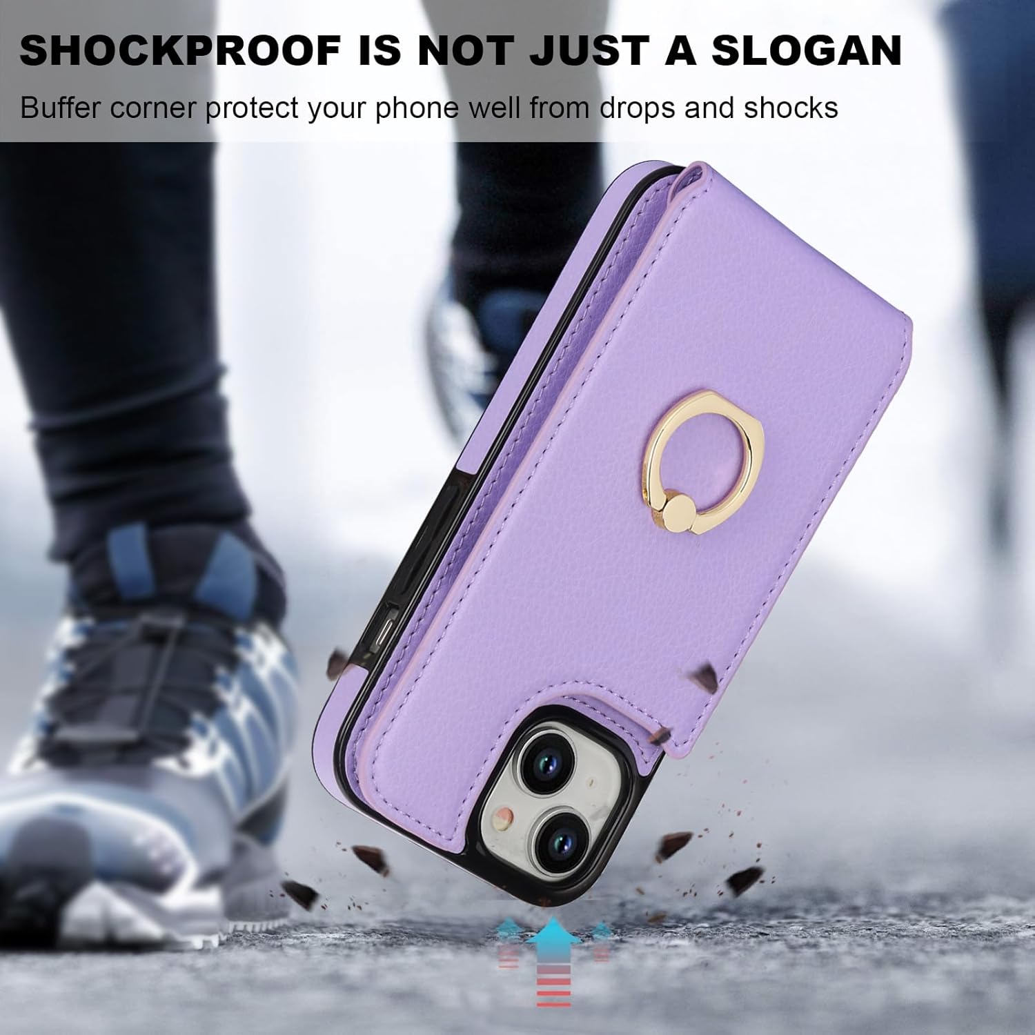 Folosu Compatible with iPhone 15 Case Wallet with Card Holder, 360°Rotation Finger Ring Holder Kickstand, RFID Blocking Leather Protective Double Buttons Shockproof Cover 6.1 Inch (Purple)